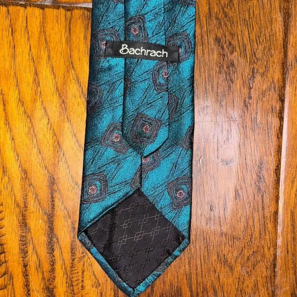 Bachrach Textured 100% Silk Repp Tie Made in USA Geometric Teal Blue & Black